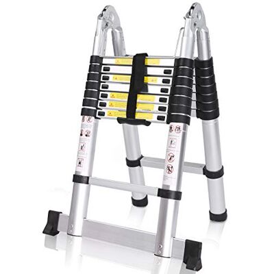 COOCHEER Scala telescopica in alluminio, 5 m, allungabile, multiuso, 16 gradini, portata max. 150 kg, colore: argento COOCHEER Scala telescopica in alluminio, 5 m, allungabile, multiuso, 16 gradini, portata max. 150 kg, colore: argento