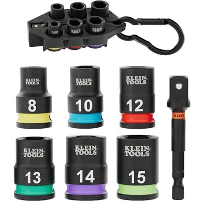 KLEIN TOOLS set di 7 pezzi: 6 bussole metriche a impatto e adattatore Acciaio Cr-Mo Supporto con moschettone e codifica a colori Attacco 3/8", 8, 10, 12, 13, 14 e 15 mm KLEIN TOOLS set di 7 pezzi: 6 bussole metriche a impatto e adattatore Acciaio Cr-Mo Supporto con moschettone e codifica a colori Attacco 3/8", 8, 10, 12, 13, 14 e 15 mm