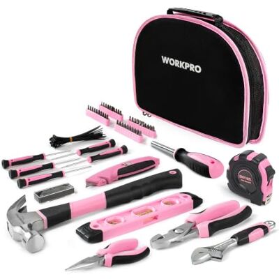 WORKPRO Set Porta Attrezzi Uso Domestico Riparazione 103 Pezzi Utensili per Officina e Lavoro con Pinza, Coltello, Cacciavite, Chiavi a Bussola, Livella, Metro in Cassetta in Colore Rosa WORKPRO Set Porta Attrezzi Uso Domestico Riparazione 103 Pezzi Utensili per Officina e Lavoro con Pinza, Coltello, Cacciavite, Chiavi a Bussola, Livella, Metro in Cassetta in Colore Rosa
