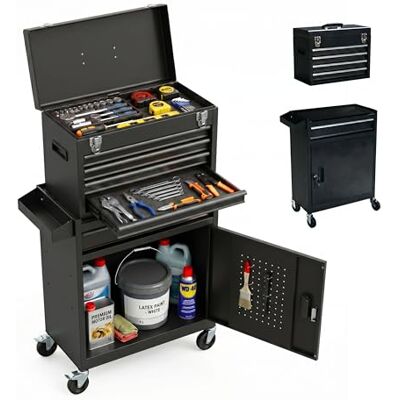 Relaxdays Carrello Officina, 5 cassetti, cassettino Superiore, Nero Con chiave, 104x59,5x28 cm, ruote, acciaio Relaxdays Carrello Officina, 5 cassetti, cassettino Superiore, Nero Con chiave, 104x59,5x28 cm, ruote, acciaio