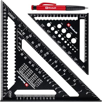 Einhell Accessories Einhell 2 pezzi set di squadre da carpentiere, 185/300 mm Scale millimetrate e angolari aperture di tracciatura dima per fori tabella di conversione per travi pennarello Einhell Accessories Einhell 2 pezzi set di squadre da carpentiere, 185/300 mm Scale millimetrate e angolari aperture di tracciatura dima per fori tabella di conversione per travi pennarello