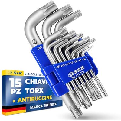 S&R Chiavi Torx a Brugola Set chiavi Allen. Torx Set 15 pz. Chiavi a Brugola Esagonali extra resistenti TX6-TX60 in pratico supporto pieghevole. S&R Chiavi Torx a Brugola Set chiavi Allen. Torx Set 15 pz. Chiavi a Brugola Esagonali extra resistenti TX6-TX60 in pratico supporto pieghevole.