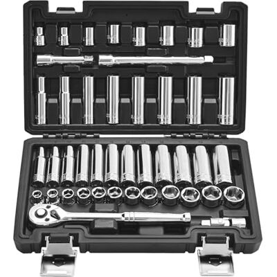 VEVOR Set di Bussole, 44 Pezzi, Set di Bussole e Cricchetti da 9,5 mm, SAE e Metriche, Profonde e Poco Profonde, con Custodia Accessori, Acciaio Legato CR-V, per Riparazioni Automobilistiche VEVOR Set di Bussole, 44 Pezzi, Set di Bussole e Cricchetti da 9,5 mm, SAE e Metriche, Profonde e Poco Profonde, con Custodia Accessori, Acciaio Legato CR-V, per Riparazioni Automobilistiche