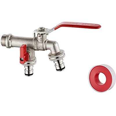 Ibergrif Rubinetto esterno da Giardino Doppio con Connettore, antigelo -10℃, alta Temperatura 120℃, centralina di irrigazione a 2 vie, ottone, ingresso acqua G1/2", Lavatrice Ibergrif Rubinetto esterno da Giardino Doppio con Connettore, antigelo -10℃, alta Temperatura 120℃, centralina di irrigazione a 2 vie, ottone, ingresso acqua G1/2", Lavatrice