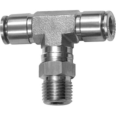 RIEGLER Raccordo a T girevole, R 3/8 a., per tubo esterno Ø 8 mm, pressione di lavoro max. 20 bar, acciaio inox 1.4404 RIEGLER Raccordo a T girevole, R 3/8 a., per tubo esterno Ø 8 mm, pressione di lavoro max. 20 bar, acciaio inox 1.4404