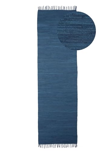 CarpetFine Tappeto a tessitura Kilim Chindi Uni passatoia blu 70x200 cm, tessuto a mano   Tappeto moderno reversibile in cotone per soggiorno e camera da letto con frange