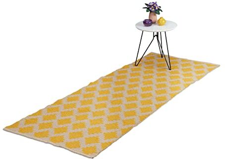 Relaxdays Tappeto in Cotone, 80 x 200 cm, Passatoia per Salotto, Cucina e Camere da Letto Design a Quadri, Giallo Beige, 1 pz