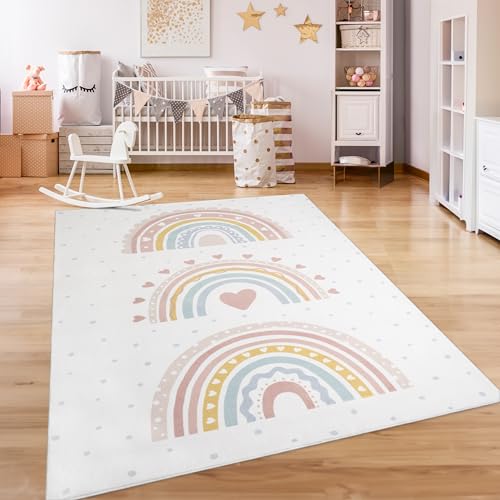 Paco Home Tappeto Bambini Cameretta Bambina Ragezzi Antiscivolo Arcobaleno Cuore Polkadot, Dimensione:240x340 cm, Colore:Rosa 2