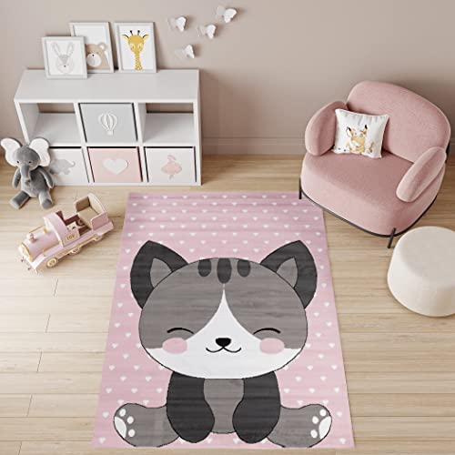 TAPISO Pinky Tappeto Gioco Bambini Pelo Corto Design Moderno Motivo Astratto Gatto Animali Grigio Bianco Rosa Sicuro Oeko-Tex Morbido Cameretta Stanza Ragazzi Camera 140 x 200 cm