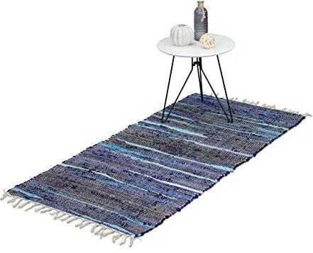 Relaxdays Tappeto in Cotone con Frange, Passatoia per Salotto, Cucina e Camere da Letto, Multicolore, 70 x 140 cm, Blu, 1 pz