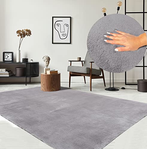 the carpet Relax Tappeto moderno a pelo corto, soggiorno, fondo antiscivolo, lavabile fino a 30 gradi, morbidissimo, aspetto pelliccia, Grigio, 80 x 150 cm