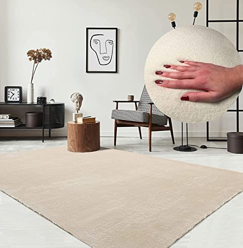 the carpet Relax Tappeto moderno a pelo corto, soggiorno, fondo antiscivolo, lavabile fino a 30 gradi, morbidissimo, aspetto pelliccia, Beige, 240 x 340 cm