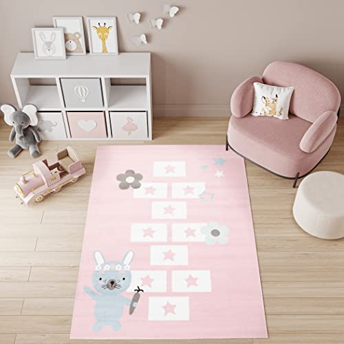 TAPISO Baby Tappeto Gioco Bambini Sala Giochi Cameretta Bambini Ragazzi Camera Morbido Motivo Astratto Gioco a Campana Animale Multicolore Tonalità di Crema Rosa Pelo Corto 80 x 150 cm