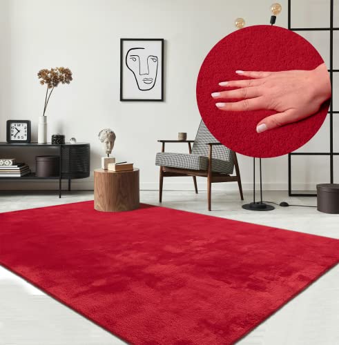 the carpet Relax Tappeto moderno a pelo corto, soggiorno, fondo antiscivolo, lavabile fino a 30 gradi, morbidissimo, aspetto pelliccia, Rosso, 120 x 160 cm