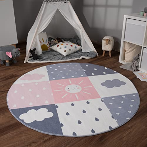 Paco Home Tappeto Bambini Cameretta Bambina Ragezzi Antiscivolo Arcobaleno Cuore Polkadot, Dimensione:Ø 120 cm tondo, Colore:Rosa