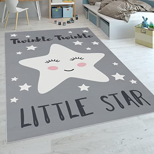 Paco Home Tappeto Per Bambini Stanza Dei Bambini Moderno Stelle Carine Detto Grigio Bianco, Dimensione:120x160 cm