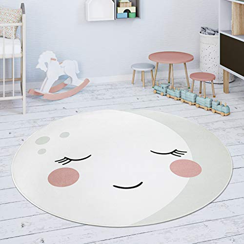 Paco Home Tappeto Bambini Cameretta Rotondo Da Gioco Bebè Motivo Luna Crema Bianco, Dimensione:150 cm Rund