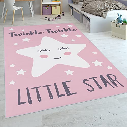 Paco Home Tappeto Per Bambini Stanza Dei Bambini Ragazze Stelle Carine Detto Rosa Bianco, Dimensione:180x280 cm