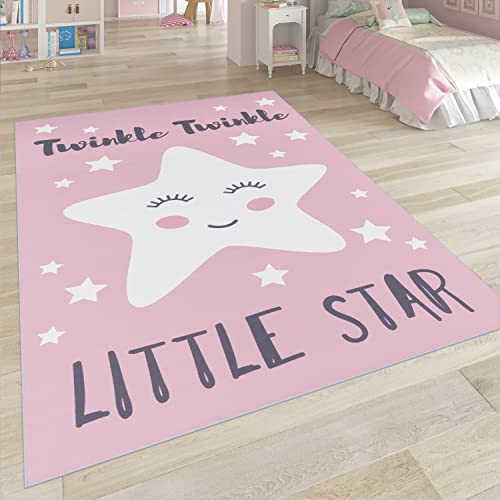 Paco Home Tappeto per i Bambini, Tappeto per la Camera dei Bambini con Stelle, Luna e Motivi a Quadri, Dimensione:120x160 cm, Colore:Pink 3