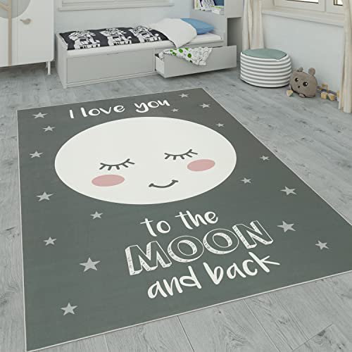 Paco Home Tappeto per i bambini, tappeto per la camera dei bambini con stelle, luna e motivi a quadri, Dimensione:160x230 cm, Colore:Grigio 2