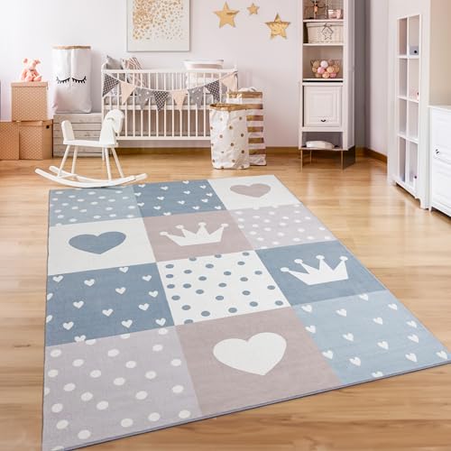 Paco Home Tappeto Bambini Cameretta Bambina Ragezzi Antiscivolo Arcobaleno Cuore Polkadot, Dimensione:140x200 cm, Colore:Beige