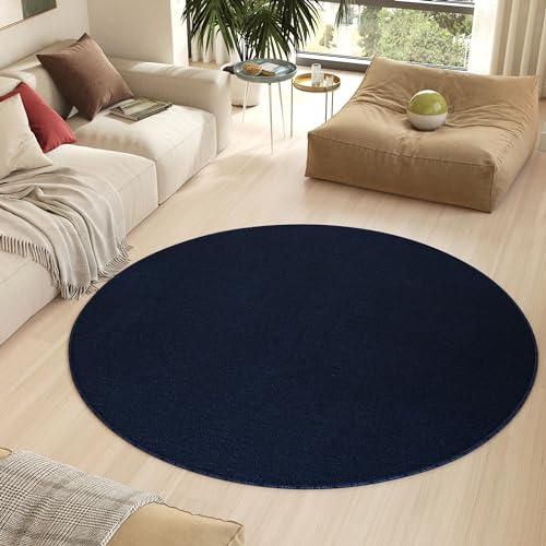 TAPISO Nizza Tappeto Rotondo Soggiorno Pelo Corto Antiscivolo Lavabile Design Moderno Monocolore Tinta Unita Tonalità Blu Scuro Salotto Camera Sala Oeko-Tex 240 x 240 cm