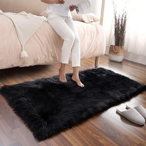 Aufell Tappeto in finta pelle di pecora, soffice tappeto shaggy per camera da letto, soffice, decorazione per la casa, bianco, 80 x 180 cm