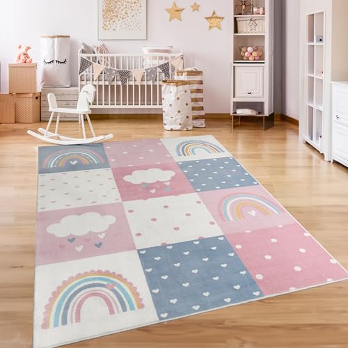 Paco Home Tappeto Bambini Cameretta Bambina Ragezzi Antiscivolo Arcobaleno Cuore Polkadot, Dimensione:140x200 cm, Colore:Grigio-Rosa