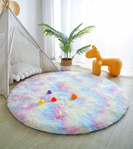 linyingdian Tappeto Peloso Soggiorno-Ampio Soggiorno Moderno Camera da Letto per Bambina Tappeto Rotondo in Pelliccia Tappetino Antiscivolo per Camera da Letto Morbida (Arcobaleno, 120x120cm)