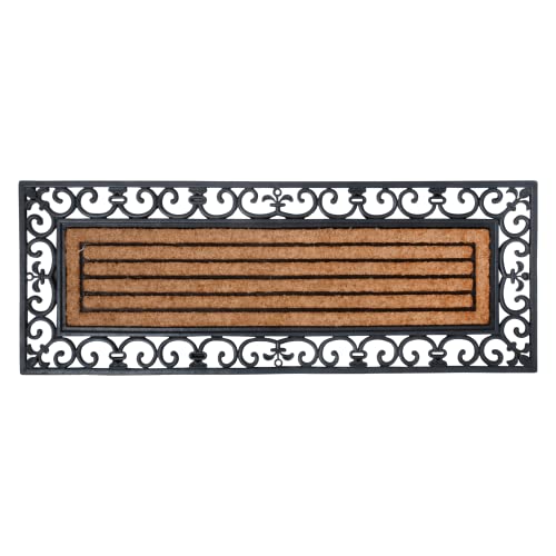 Wadiga Esschert Design Zerbino rettangolare in gomma, a lavorazione artistica, inserto centrale in fibre di cocco, da circa 120 cm x 45 cm, colore: Nero/Naturale cocco