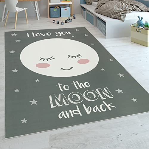 Paco Home Tappeto Per Bambini Stanza Dei Bambini Femminucce Stelle Graziosa Luna Detto Grigio, Dimensione:120x160 cm