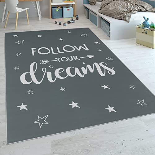 Paco Home Tappeto per Bambini A Tessuto Liscio Adatto Per La Cameretta, Con Testo E Stelle, Grigio, Dimensione:120x160 cm