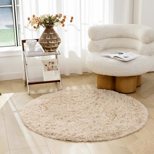 OMERAI Rotondo Tappeti per Soggiorno Tappeti Soffici in Velluto per, Adatto per Tappeto per Soggiorno, Lunga Pelliccia Morbida, soffice, Tappetino per Il Letto Beige 120x120cm