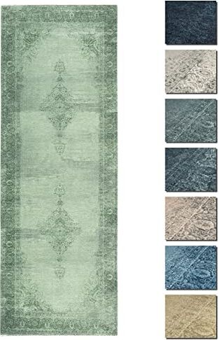 TESSO LIVING Kelim Vintage Tappeto Soggiorno Verde 80 X 290 cm, Tappeto Salotto Moderno a Pelo Corto, Super Morbido