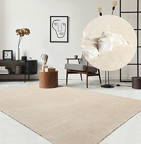 the carpet Relax Tappeto moderno a pelo corto, soggiorno, fondo antiscivolo, lavabile fino a 30 gradi, morbidissimo, aspetto pelliccia, Beige, 140 x 200 cm