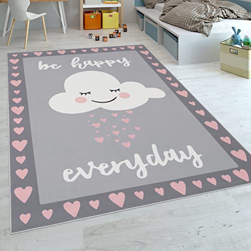 Paco Home Tappeto Per Bambini A Tessuto Liscio Adatto Per La Cameretta, Con Testo E Nuvole, Grigio Rosa, Dimensione:80x150 cm