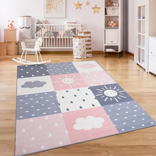 Paco Home Tappeto Bambini Cameretta Bambina Ragezzi Antiscivolo Arcobaleno Cuore Polkadot, Dimensione:120x160 cm, Colore:Rosa