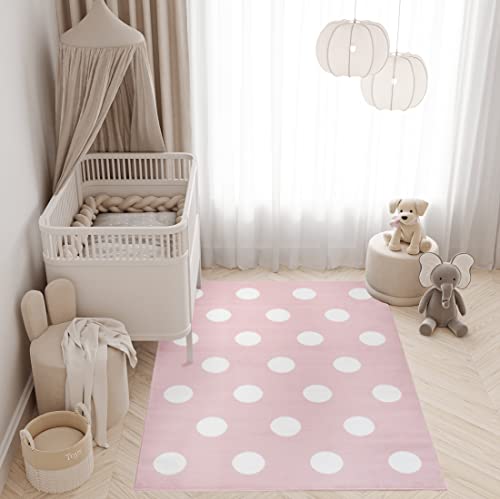 TAPISO Pinky Tappeto Gioco Bambini Pelo Corto Design Moderno Motivo Astratto a Pois Bianco Rosa Sicuro Oeko-Tex Morbido Cameretta Stanza Ragazzi Camera Bambina 80 x 150 cm