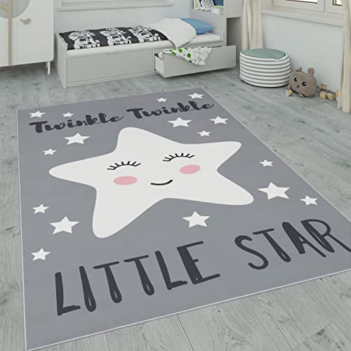 Paco Home Tappeto per i bambini, tappeto per la camera dei bambini con stelle, luna e motivi a quadri, Dimensione:80x150 cm, Colore:Grigio 3
