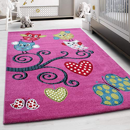 Teppium Tappeto per bambini con motivo gufi, morbido e soffice per cameretta, stanza dei giochi, antiscivolo con altezza pelo di 11 mm Misurare: 200 x 290 cm Colore: Viola-1