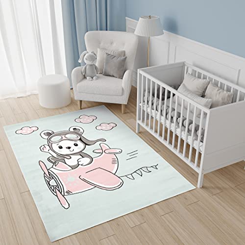 TAPISO Baby Tappeto Gioco Bambini Sala Giochi Cameretta Bambini Ragazzi Camera Morbido Motivo Astratto Animale Areo Rosa Multicolore Sfondo Blu Chiaro Pelo Corto 200 x 300 cm