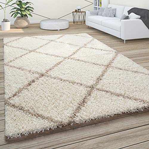 Paco Home Morbido tappeto a pelo lungo Shaggy per soggiorno in stile scandinavo con motivo a rombi, Dimensione:240x340 cm, Colore:Beige-Crema