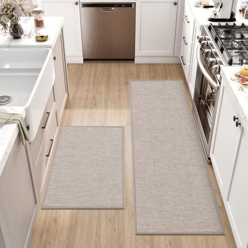 DEXI Tappeto Cucina Antiscivolo Lavabile, 2 Pieces Antimacchia Tappeto Corridoio, Passatoia Corridoio Facile da Pulire, Tappeto Runner per Cucina, Soggiorno, Ufficio, 43.5x75 + 43.5x150cm, Beige