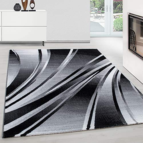 Teppium Tappeto moderno a pelo corto per soggiorno con design astratto ad onde, facile da pulire, con altezza del pelo di 12 mm Misurare: 200 x 290 cm Colore: Nero-1