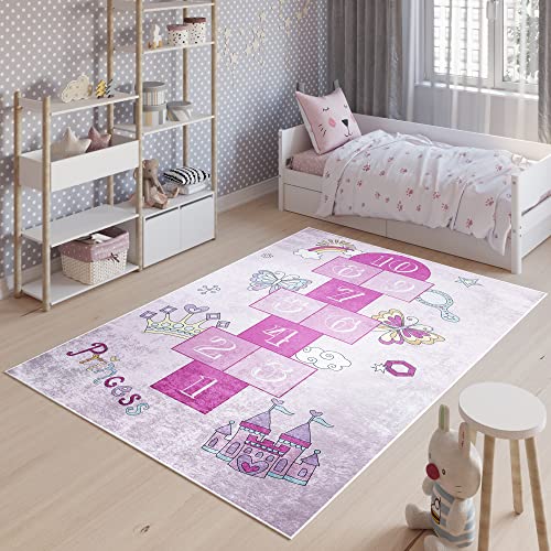 TAPISO Emma Tappeto Gioco Bambini Giochi Cameretta Stanza Bambini Stampato Morbido Rosa Gioco a Campana Multicolore Antiscivolo Lavabile in Lavatrice 80 x 150 cm