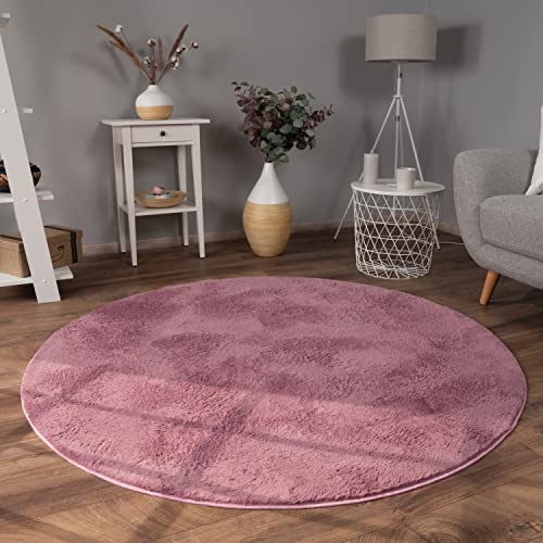 Paco Home Tappeto Salotto Moderno Pelliccia Morbido Pelo Lungo Shaggy Lavabile, Dimensione:Ø 160 cm tondo, Colore:Viola Rosa