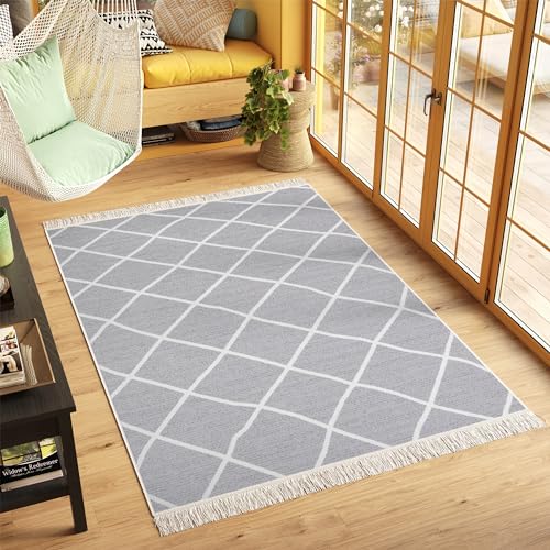 TAPISO Azteca Tappeto Cotone Salotto Double-Face Vintage con Nappe Intrecciate Pelo Corto Motivo Moderno Geometrico Lavabile Grigio Panna Cucina Sala Bagno Oeko-Tex 160 x 230 cm