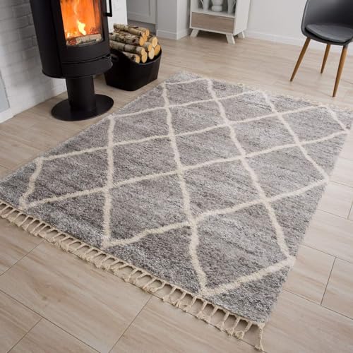 TAPISO Versay Fringes Tappeto Soggiorno Frange Pelo Lungo Shaggy Degign Moderno Motivo Geometrico Boho Tonalità Grigio Crema Salotto Camera Scendiletto Cameretta Oeko-Tex 160 x 220 cm