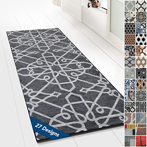 Floordirekt Tappeto passatoia con motivo, passatoia per cucina, corridoio e soggiorno, ornamento vintage a griglia orientale (80 x 200 cm, Navelli nero)