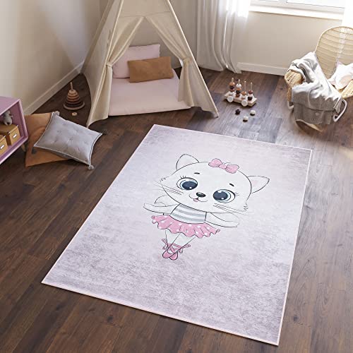 TAPISO Emma Tappeto Gioco Bambini Sala Giochi Cameretta Stanza Bambini Stampato Morbido Rosa Gatta Ballerina Antiscivolo Lavabile in Lavatrice 80 x 150 cm